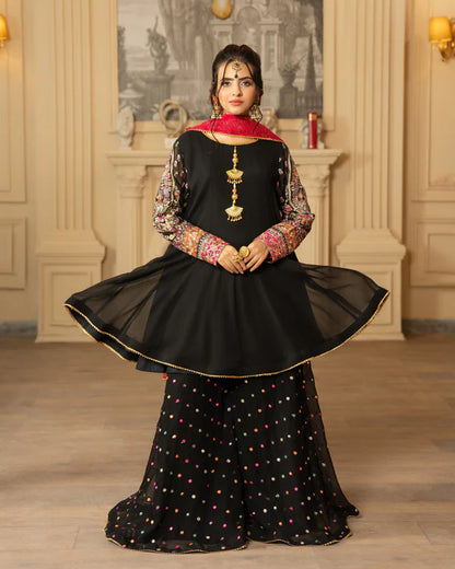 Short Frock & Sharara Set with Tilla & Panni Work