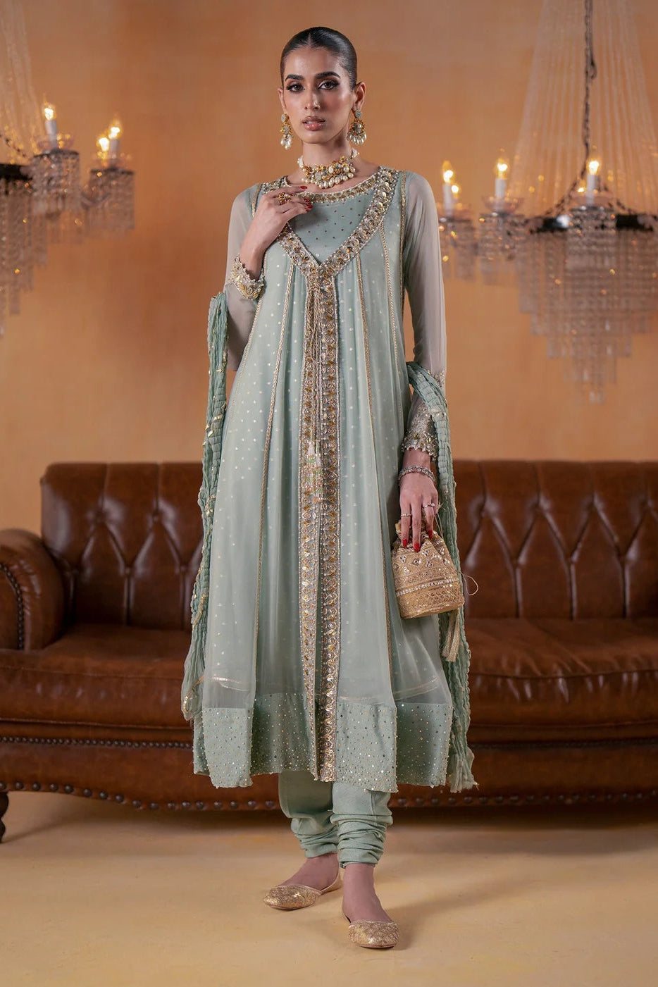 Pistachio Green Embellished Chiffon Gown-Style Suit