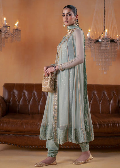 Pistachio Green Embellished Chiffon Gown-Style Suit