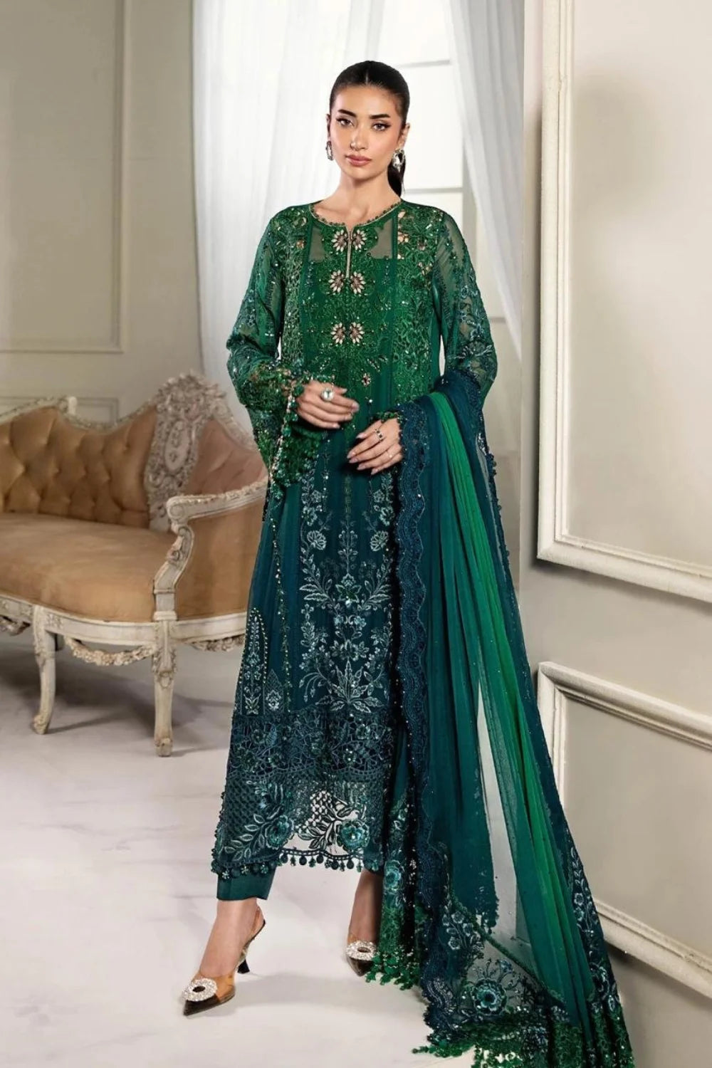 Dark Green Two-Tone Handmade Chiffon Suit