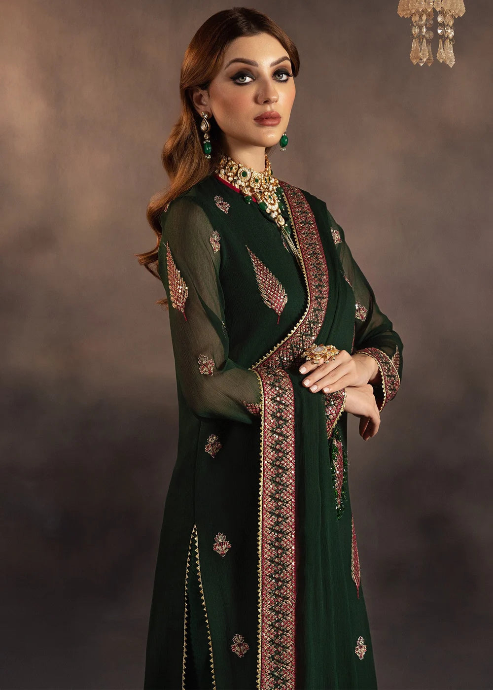 Green Chiffon Embroidered Suit with Long Kurta