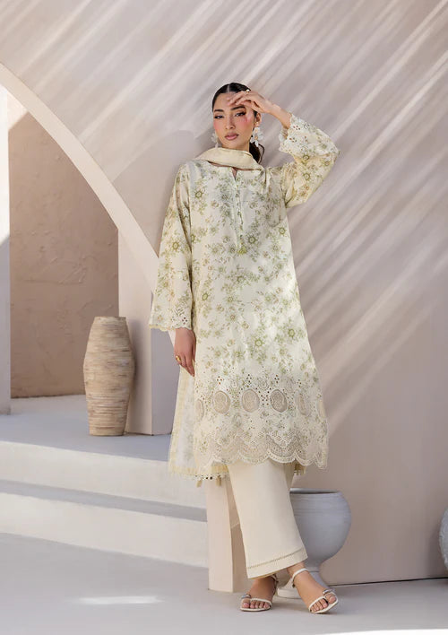 Ivory Printed Chikankari Lawn Kurta Set with Dupatta Size Large