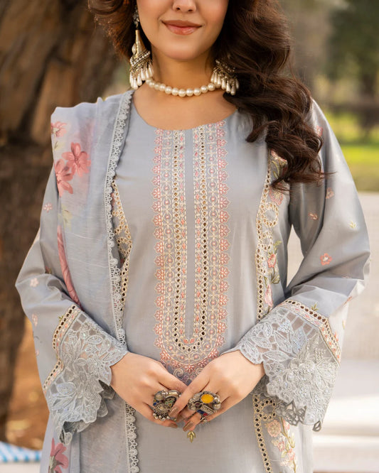 Ice Blue Chikankari Lawn Suit with Cutwork Details