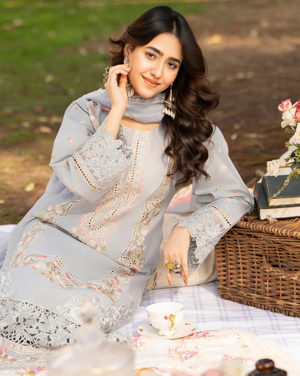 Ice Blue Chikankari Lawn Suit with Cutwork Details