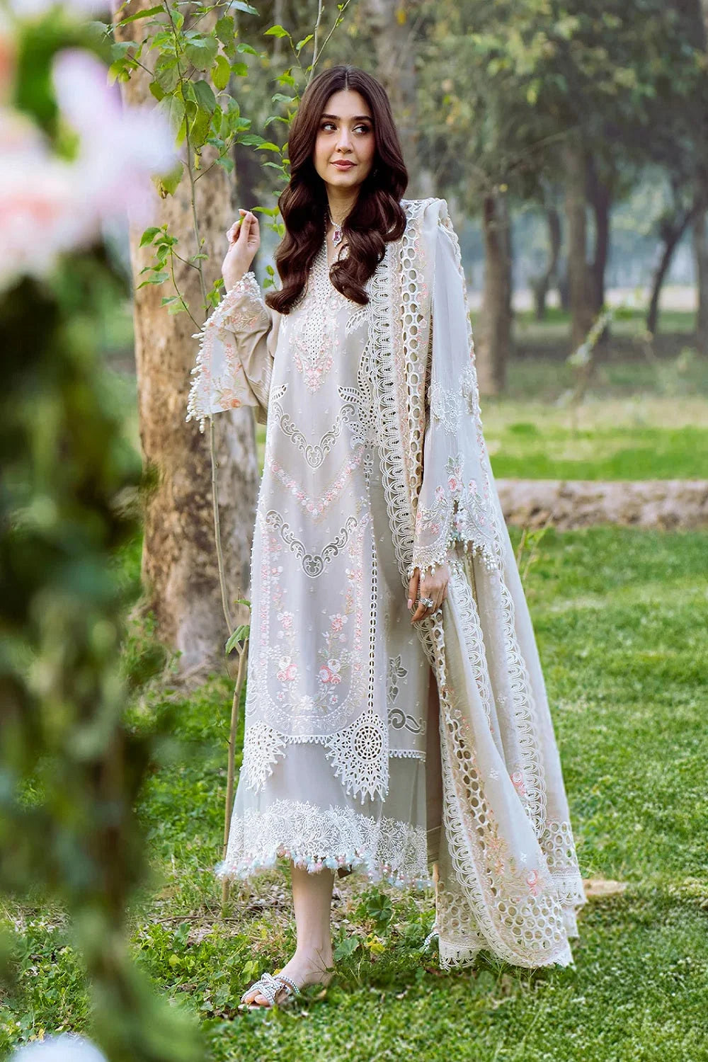 Pista Green Chikankari Embroidered Lawn Suit with Laser Cutwork & 3D Flowers