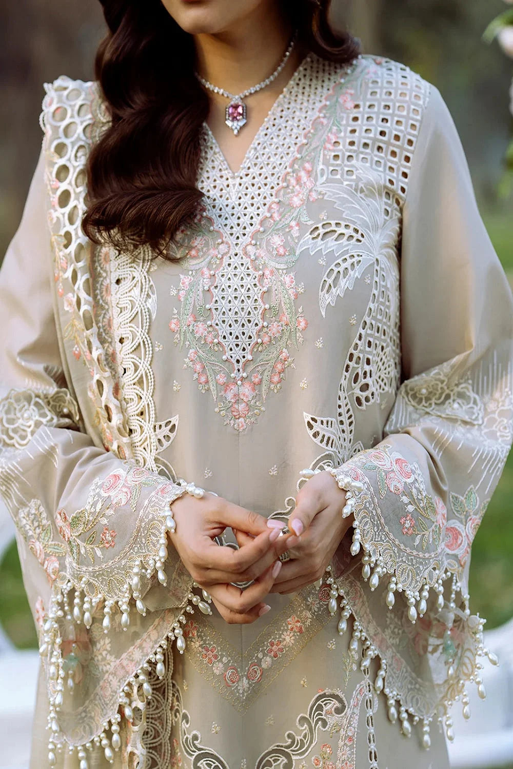 Pista Green Chikankari Embroidered Lawn Suit with Laser Cutwork & 3D Flowers