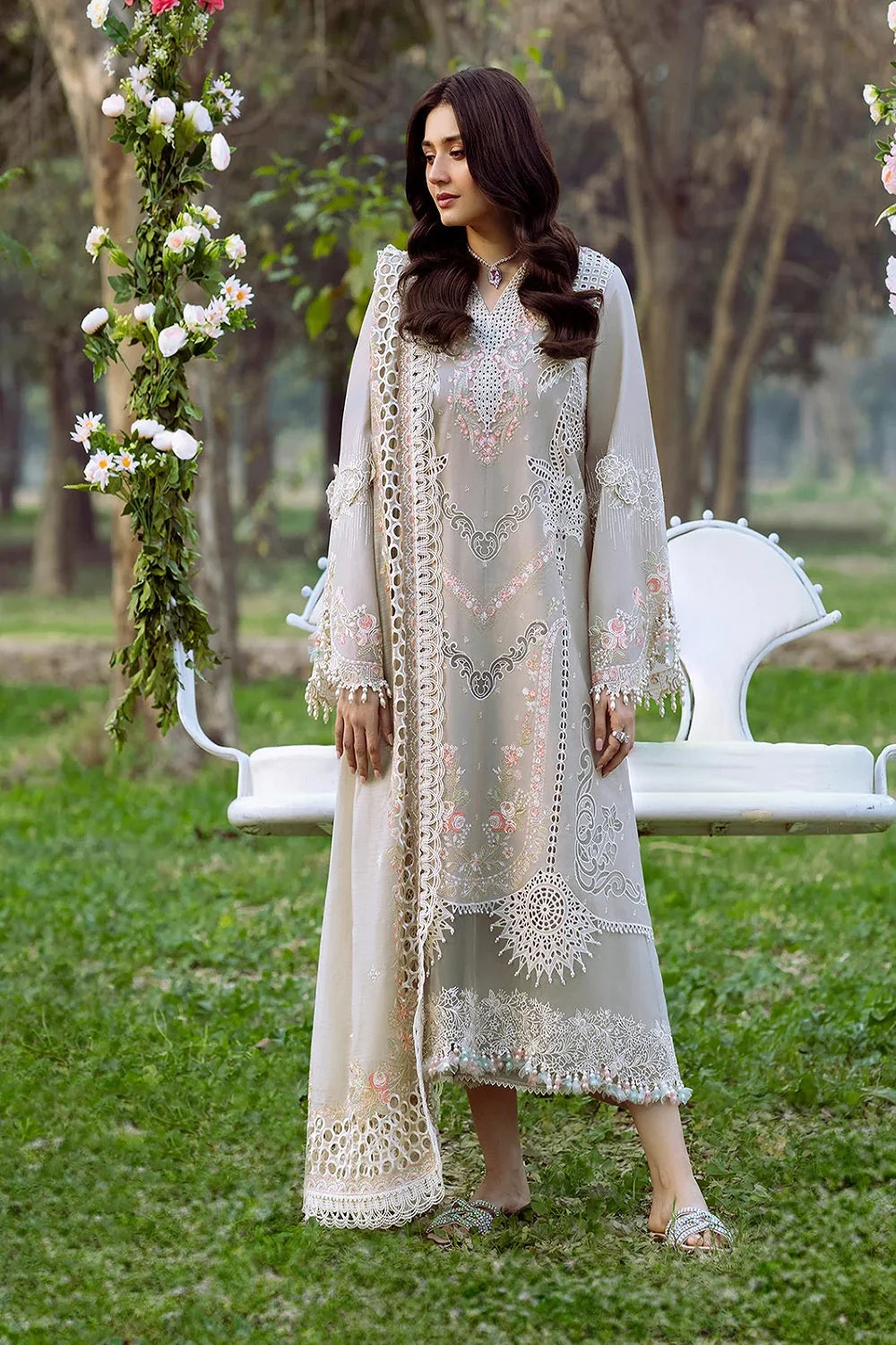 Pista Green Chikankari Embroidered Lawn Suit with Laser Cutwork & 3D Flowers