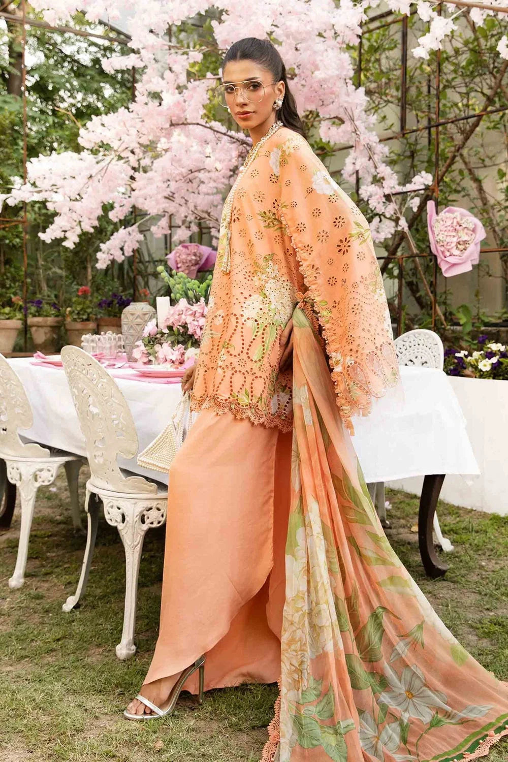Peach Chikankari Embroidered Lawn Suit with Chiffon Dupatta