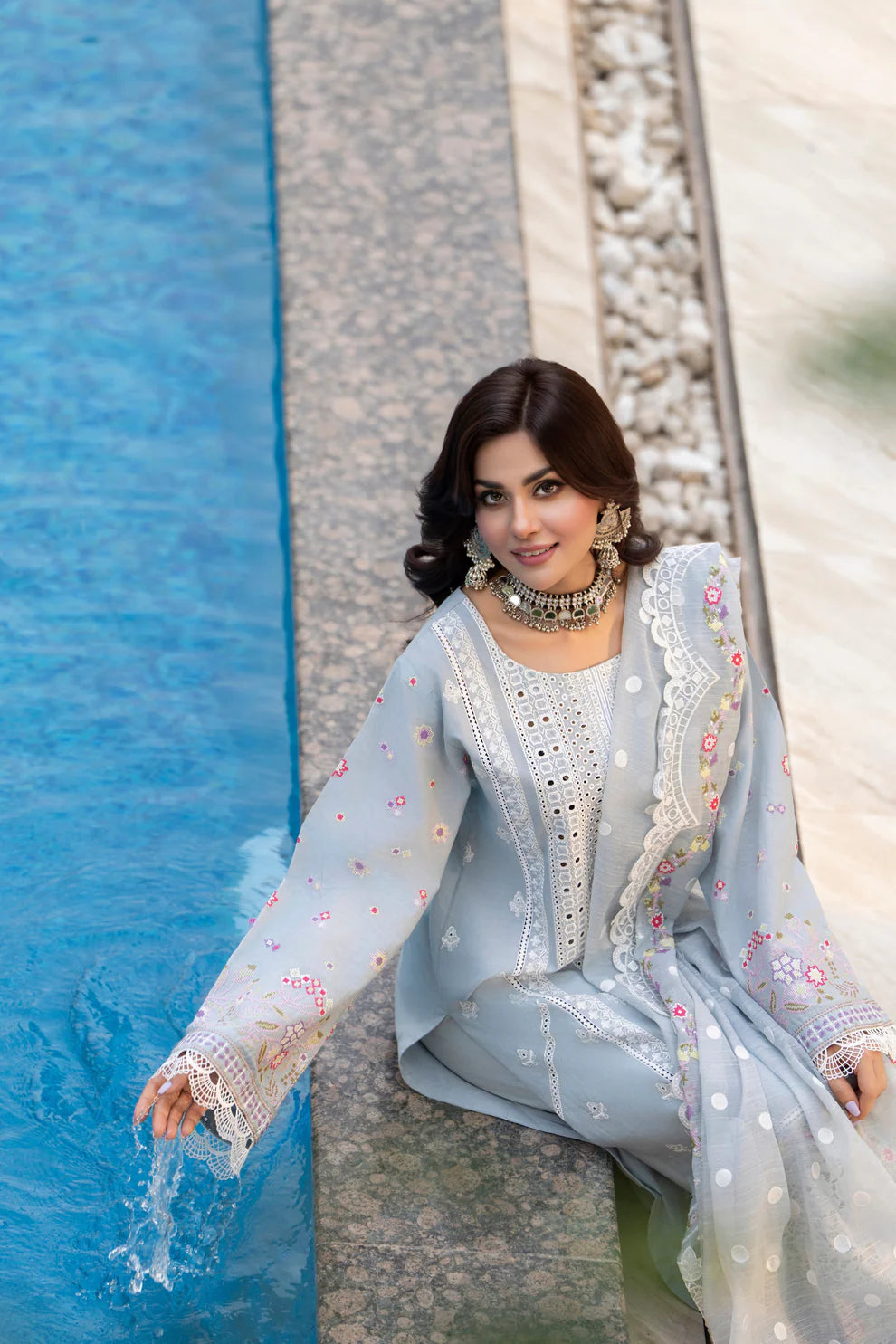 Ice Blue Chikankari Suit with Cross Stitch Work