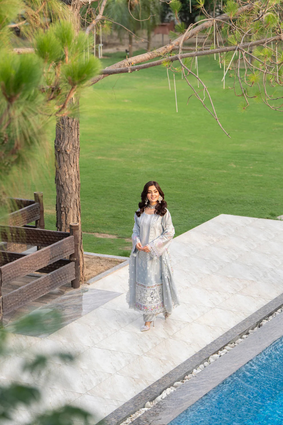 Ice Blue Chikankari Suit with Cross Stitch Work