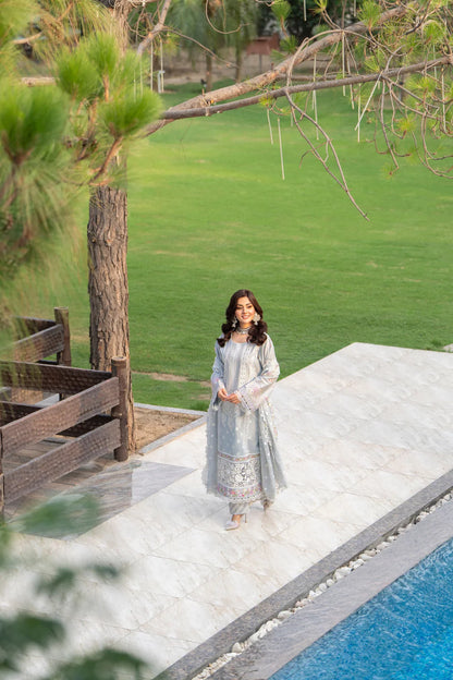 Ice Blue Chikankari Suit with Cross Stitch Work