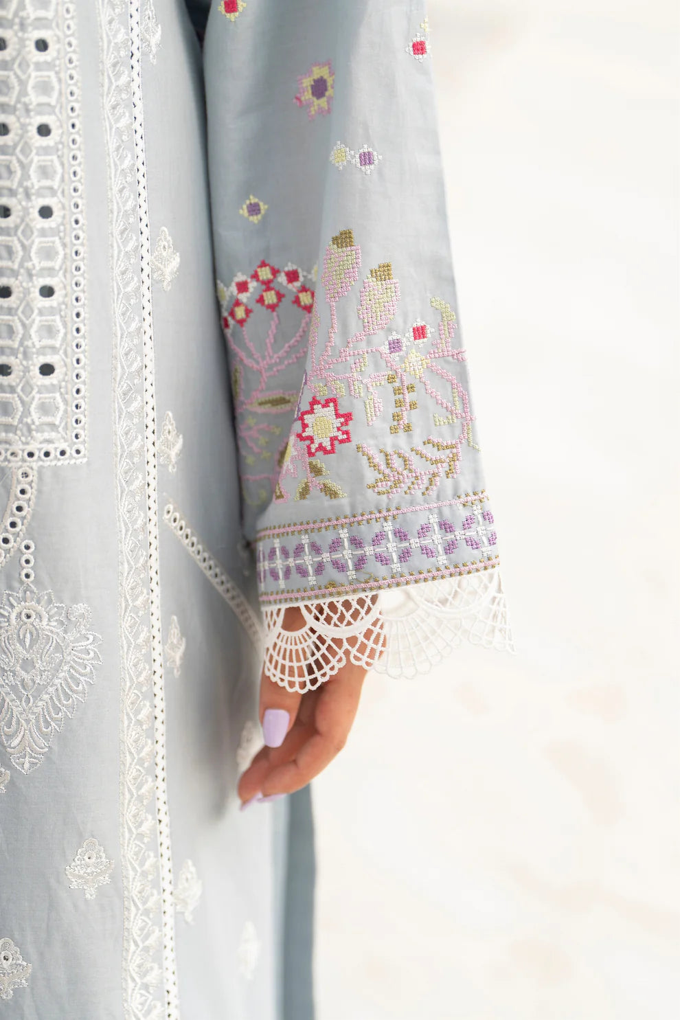 Ice Blue Chikankari Suit with Cross Stitch Work