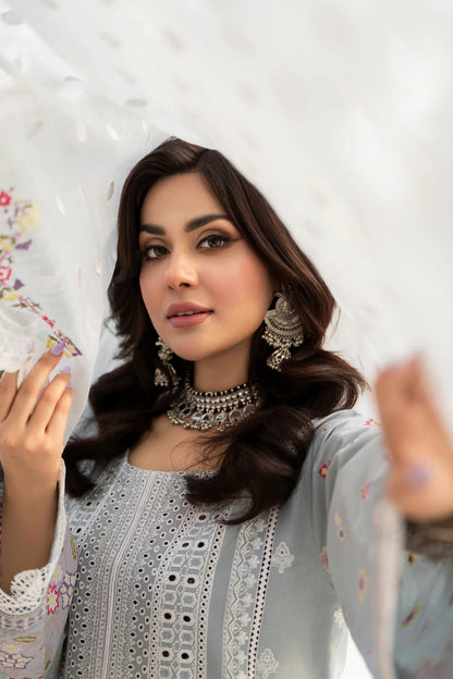 Ice Blue Chikankari Suit with Cross Stitch Work