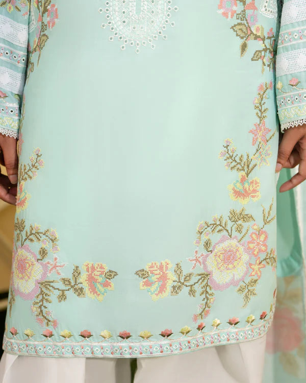 Aquamarine Pure Cotton Chikankari Farshi Shalwar Suit with Cross Stitch Work