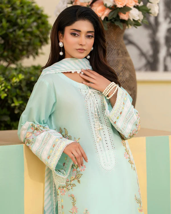 Aquamarine Pure Cotton Chikankari Farshi Shalwar Suit with Cross Stitch Work