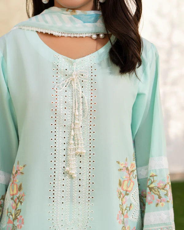 Aquamarine Pure Cotton Chikankari Farshi Shalwar Suit with Cross Stitch Work