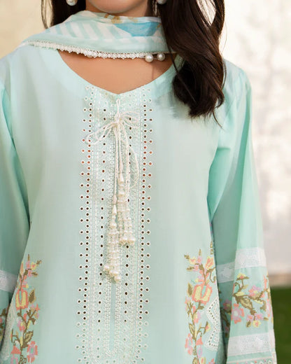 Aquamarine Pure Cotton Chikankari Farshi Shalwar Suit with Cross Stitch Work
