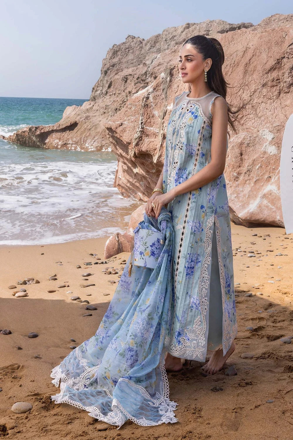 Ocean Blue Pure Lawn Suit with Chikankari Laces