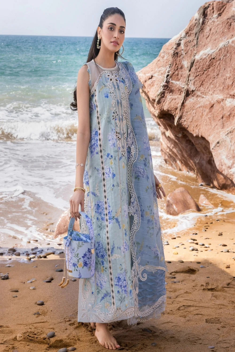 Ocean Blue Pure Lawn Suit with Chikankari Laces