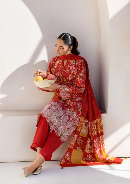 Red Printed Chikankari Lawn Kurta Set with Dupatta