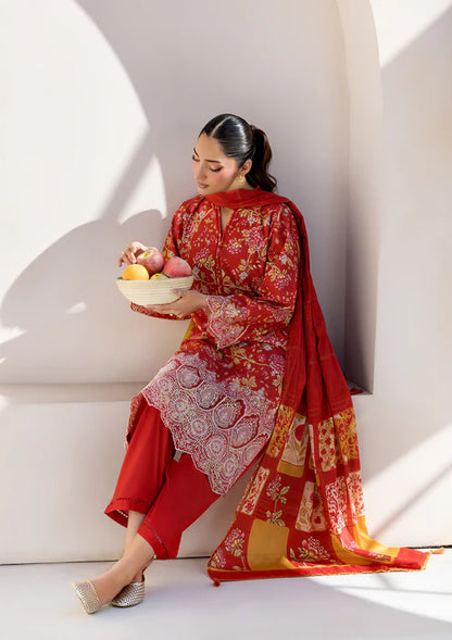 Red Printed Chikankari Lawn Kurta Set with Dupatta
