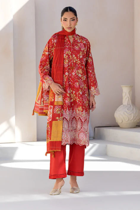 Red Printed Chikankari Lawn Kurta Set with Dupatta