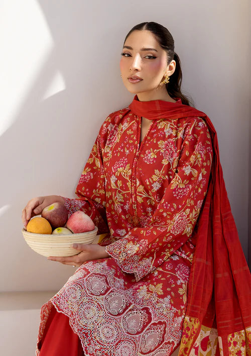 Red Printed Chikankari Lawn Kurta Set with Dupatta