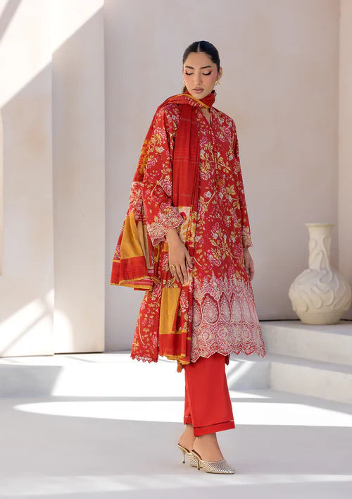 Red Printed Chikankari Lawn Kurta Set with Dupatta