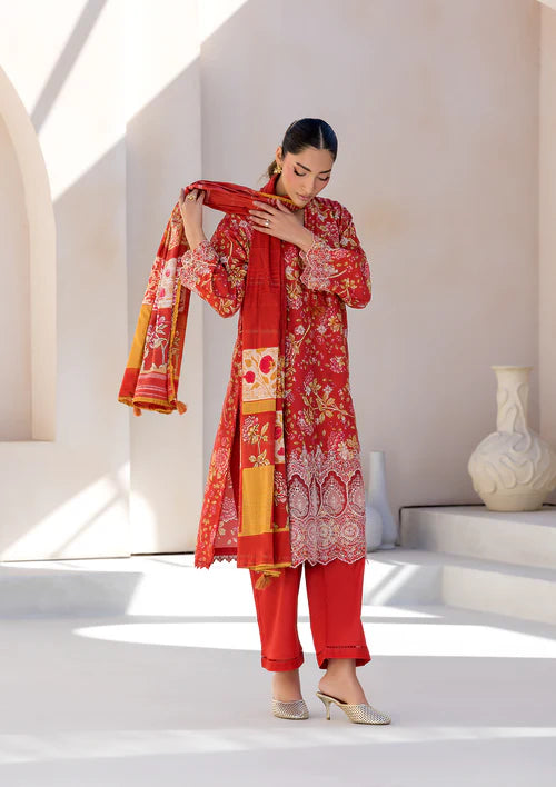 Red Printed Chikankari Lawn Kurta Set with Dupatta