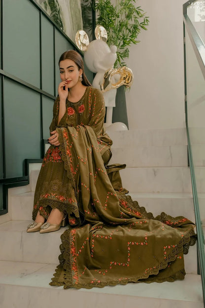 Mendhi Brown Heavy Chikankari Embroidered Luxury Lawn Suit