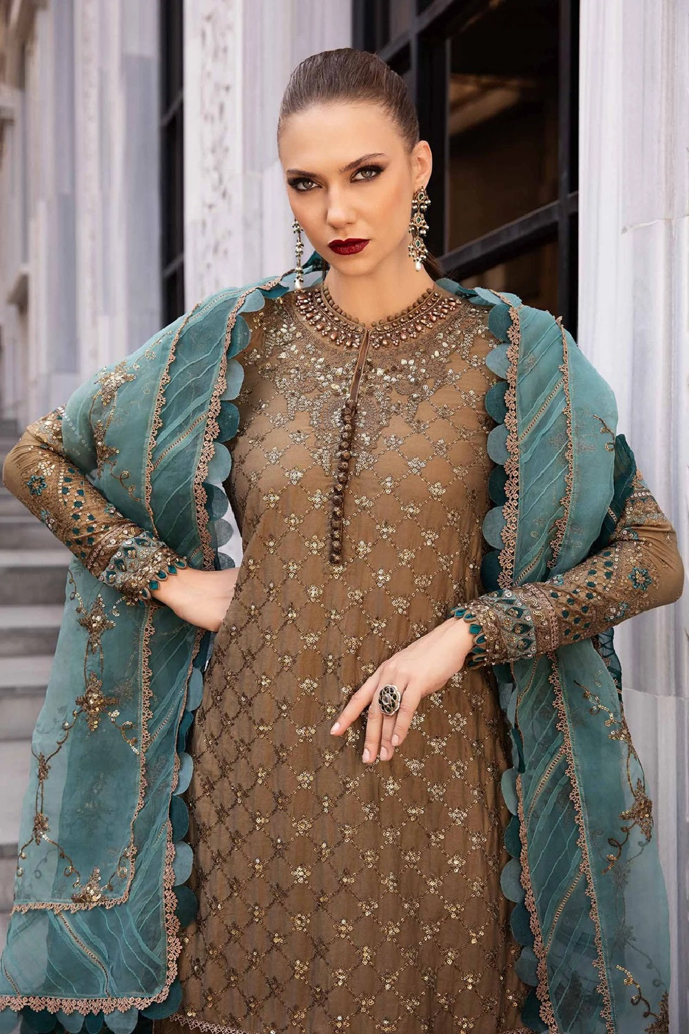 Coffee Embroidered Lawn Suit with Chiffon Dupatta