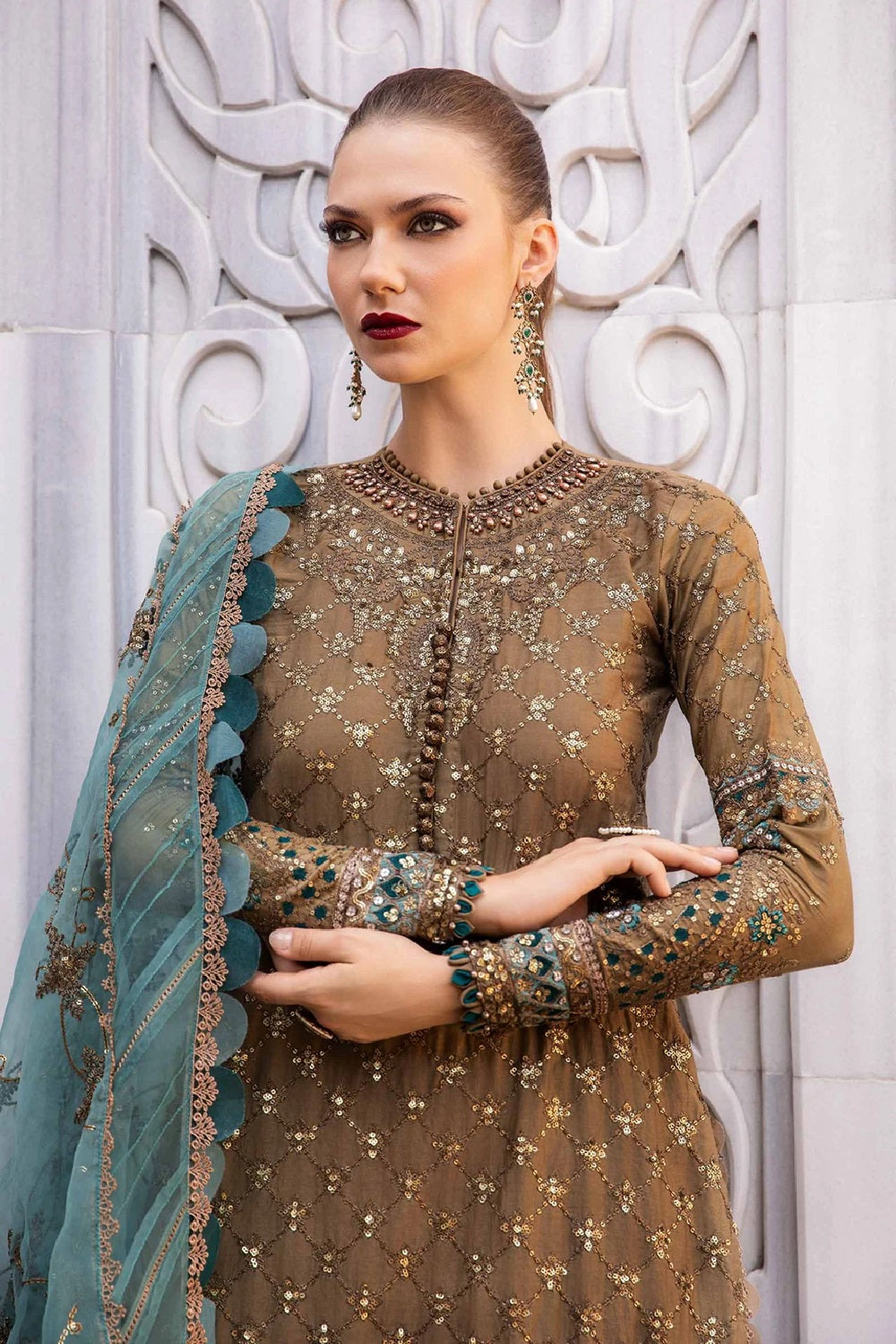 Coffee Embroidered Lawn Suit with Chiffon Dupatta