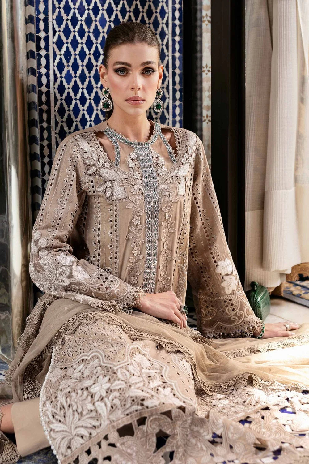 Coffee Heavy Chikankari Embroidered Lawn Suit with 3D Work & Hand Embellished Neckline