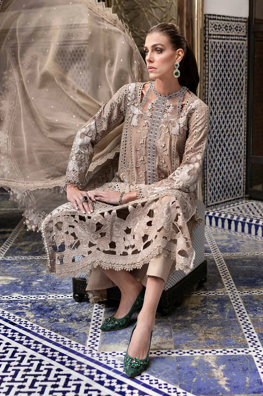 Coffee Heavy Chikankari Embroidered Lawn Suit with 3D Work & Hand Embellished Neckline