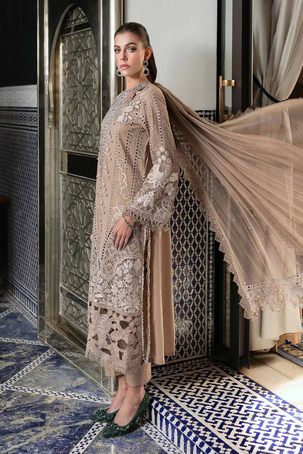 Coffee Heavy Chikankari Embroidered Lawn Suit with 3D Work & Hand Embellished Neckline