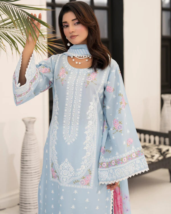 Dusty Blue Pure Cotton Embroidered Suit
