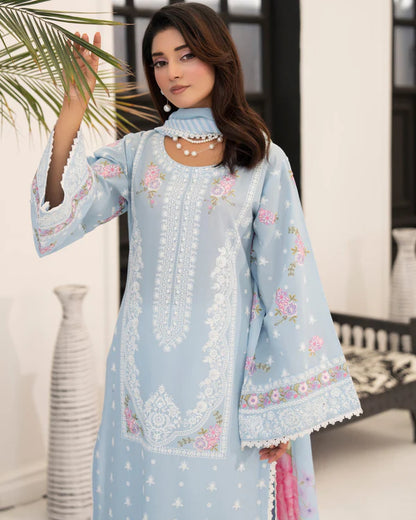 Dusty Blue Pure Cotton Embroidered Suit