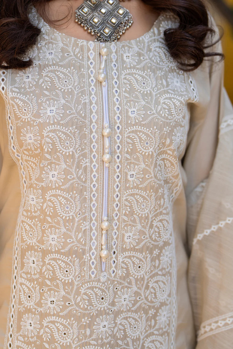 Beige Pure Cotton Suit with Matte Thread Work