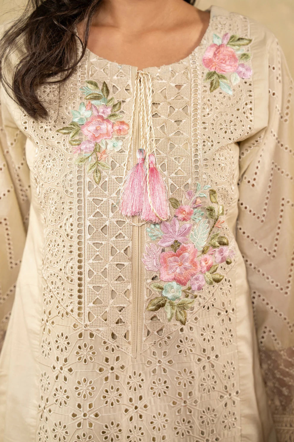 Cream Pure Cotton Chikankari Suit