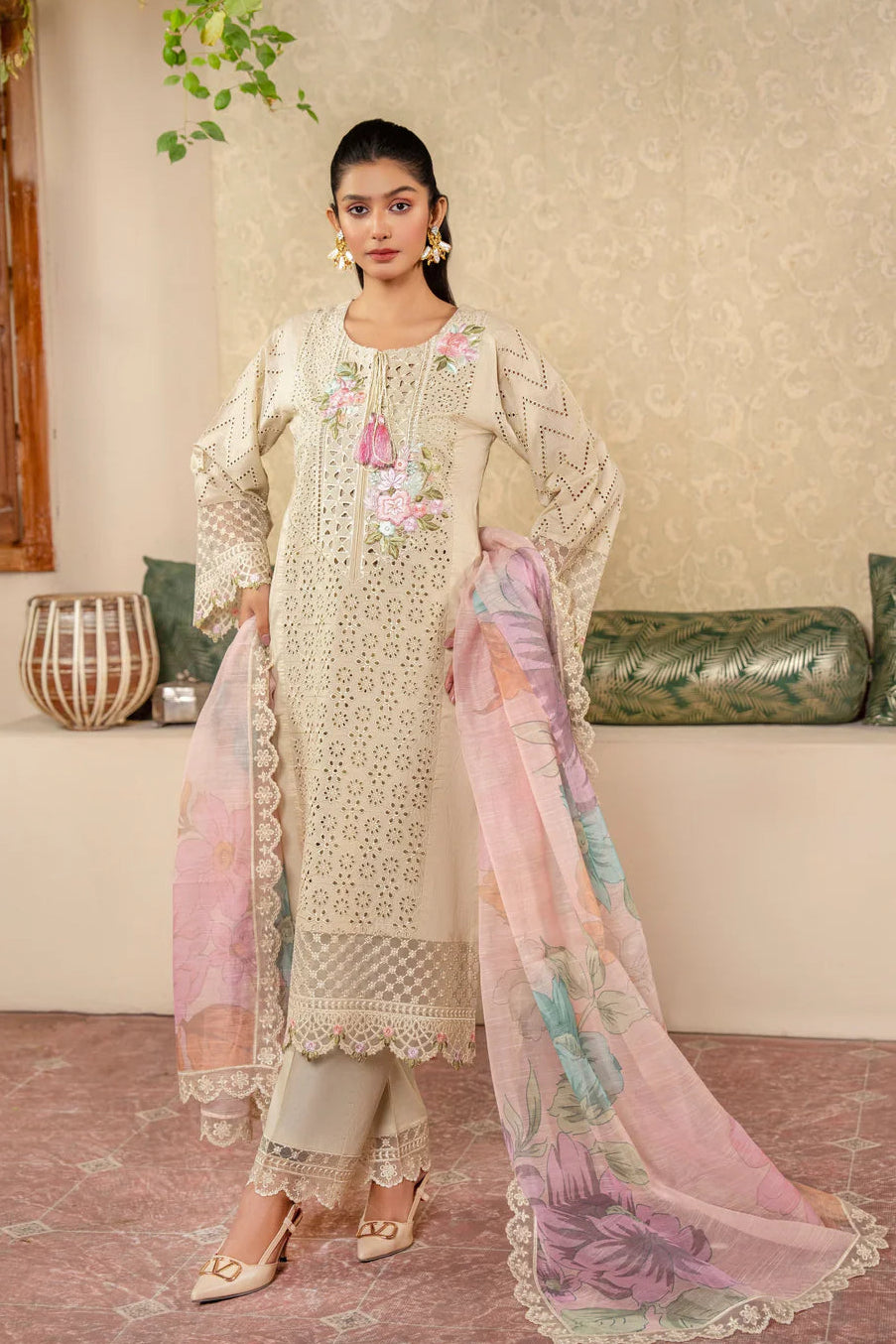 Cream Pure Cotton Chikankari Suit