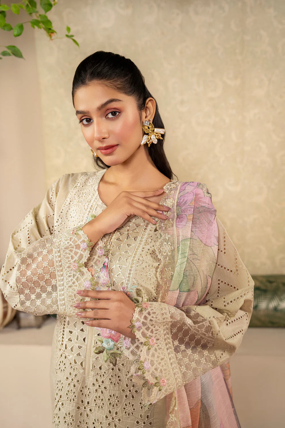 Cream Pure Cotton Chikankari Suit