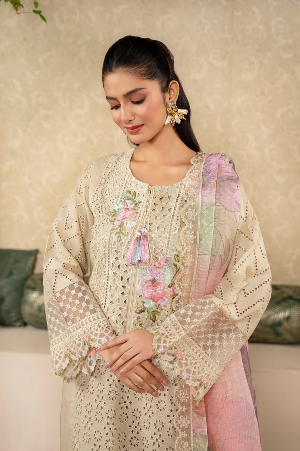 Cream Pure Cotton Chikankari Suit