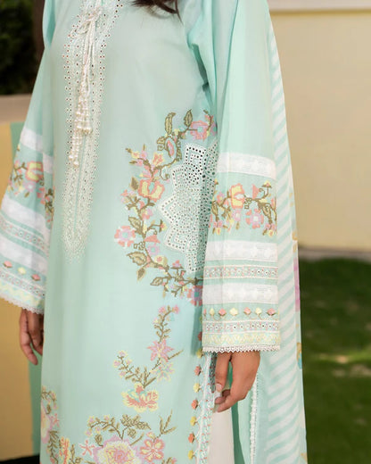 Aquamarine Pure Cotton Chikankari Farshi Shalwar Suit with Cross Stitch Work