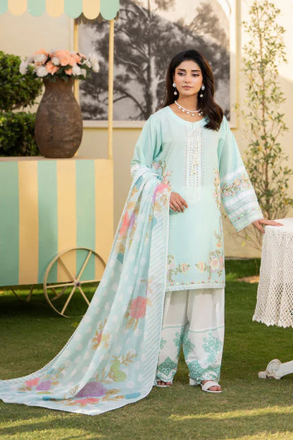 Aquamarine Pure Cotton Chikankari Farshi Shalwar Suit with Cross Stitch Work