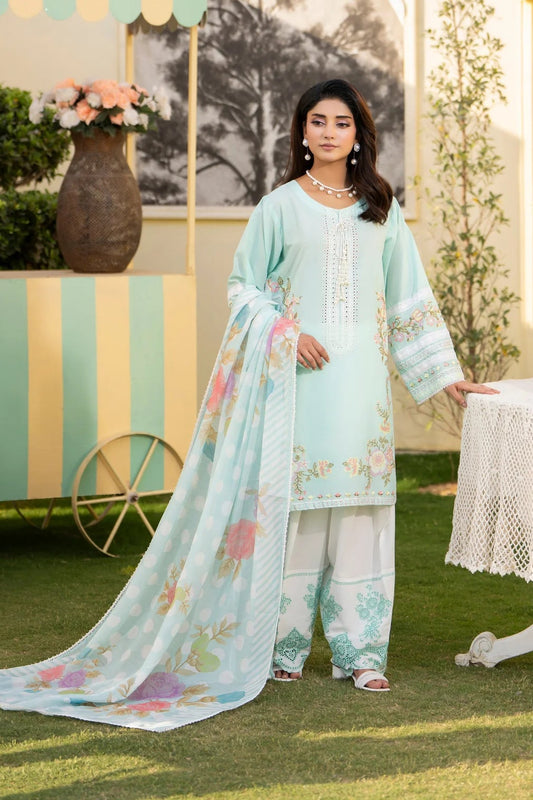 Aquamarine Pure Cotton Chikankari Farshi Shalwar Suit with Cross Stitch Work