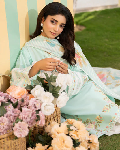 Aquamarine Pure Cotton Chikankari Farshi Shalwar Suit with Cross Stitch Work