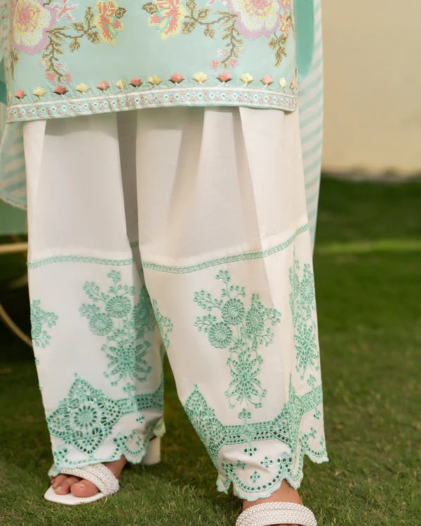 Aquamarine Pure Cotton Chikankari Farshi Shalwar Suit with Cross Stitch Work