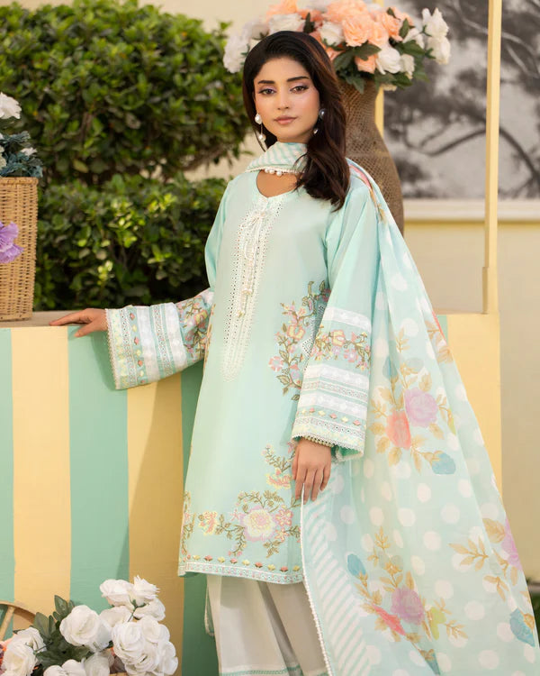 Aquamarine Pure Cotton Chikankari Farshi Shalwar Suit with Cross Stitch Work