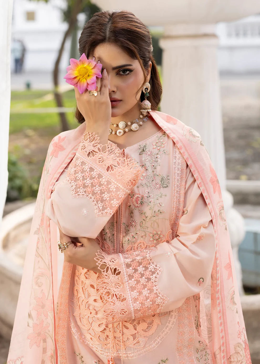 Light Pink Heavy Embroidered Lawn Suit with Organza Patchwork Embroidery