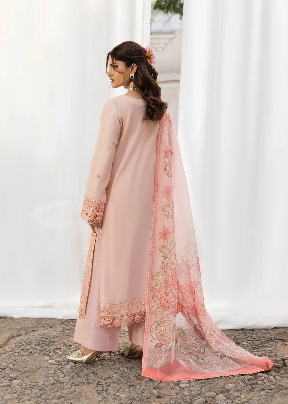 Light Pink Heavy Embroidered Lawn Suit with Organza Patchwork Embroidery